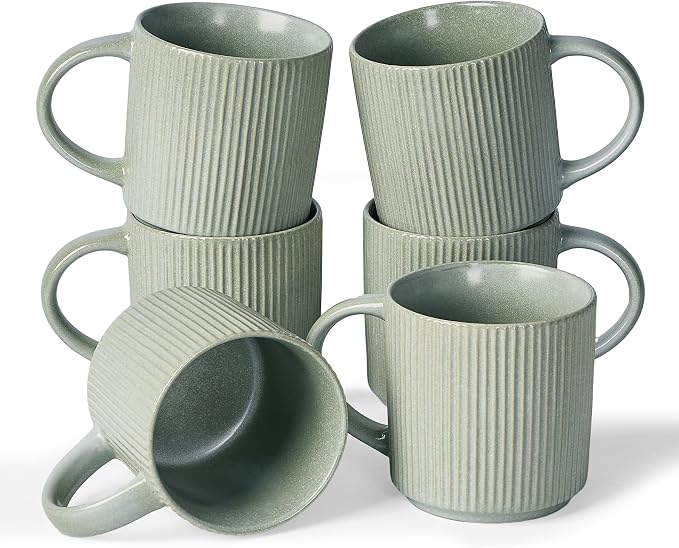 famiware Coffee Mug Set for 6, Star 12 oz Catering Mugs Cup Set with Handle for Coffee, Tea, Cocoa, Milk - Ceramic Stoneware Drinkware Set, Matte Green by Famiware