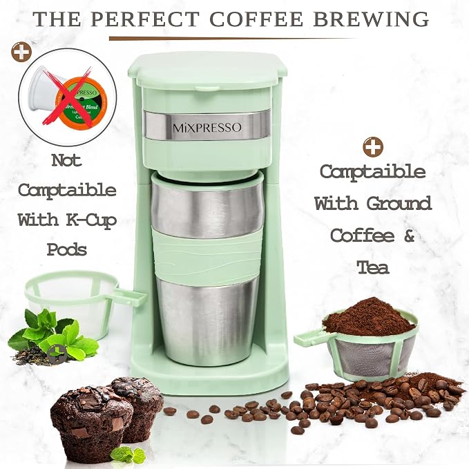 Mixpresso Single Serve & Single Cup Coffee Maker with 14oz Travel Mug Green | For ground coffee only, reusable filter, auto shut off. Compact personal drip coffee maker, not compatible with K-Cup pods. - Image 3