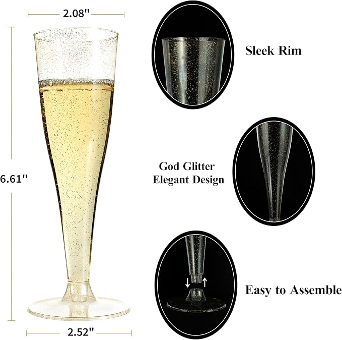 Bestluck 100Pack 4.5oz Gold Glitter Champagne Flutes Plastic | Plastic Disposable Stemware, Disposable Champagne Flutes for Party, Mimosa Bar, Wedding, Anniversary and Graduation - Image 2