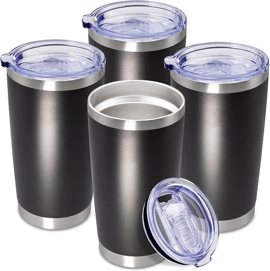 20oz Tumbler Insulated Coffee Tumblers with Lid Stainless Steel Black 4P | 20 oz Tumblers Double Wall Insulated Vacuum 20oz Coffee Mug Leak Proof Tumblers with Lid Powder Coated - Black 4 Pack by AEPDTD