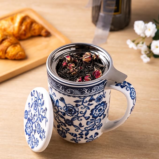 AmorArc Porcelain Tea Mug with Infuser and Lids, 18 Oz Coffee Cup Strainer with Bag Holder for Loose Leaf Tea, Steeping Coffee Mug for House-warming Wedding Birthday Gift
