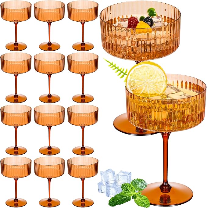 Jingmore 12 Pcs Ribbed Martini Glasses 10 oz Disposable Plastic Vintage Ribbed Coupe Glasses Unbreakable Dessert Parfait Glassware for Wedding Birthday Party Supplies (Brown) by Jingmore