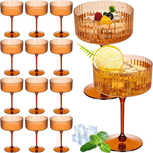 Jingmore 12 Pcs Ribbed Martini Glasses 10 oz Disposable Plastic Vintage Ribbed Coupe Glasses Unbreakable Dessert Parfait Glassware for Wedding Birthday Party Supplies (Brown) by Jingmore
