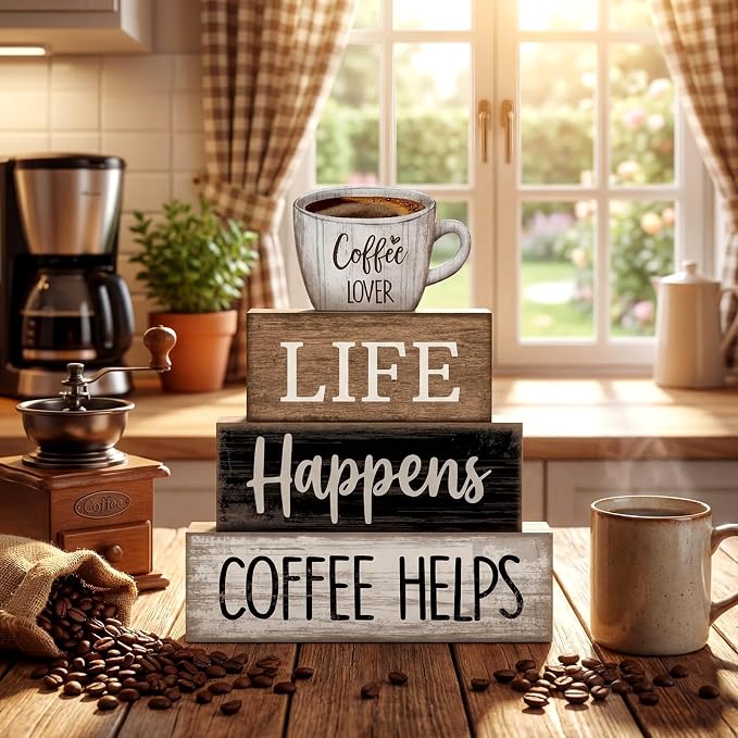 Moucuny 4 Pcs Farmhouse Coffee Bar Table Decor Vintage Wooden Stacked Block Sign - 'life Happens Coffee Helps' Table Centerpiece Rustic Wood Bar Sign Gift for Home Kitchen Shelf Tiered Tray Decor - Image 2