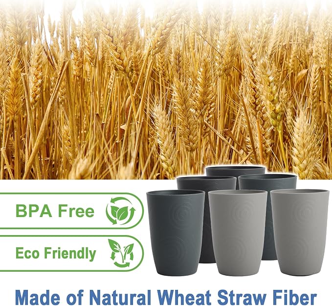 Wheat Straw Cups 6 PCS - 16 OZ Drinking Glasses, Unbreakable Drinking Cup, Alternative to Plastic Cups Reusable, Microwave and Dishwasher Safe Kitchen Cups, Water Tumbler(Black, Grey) - Image 2