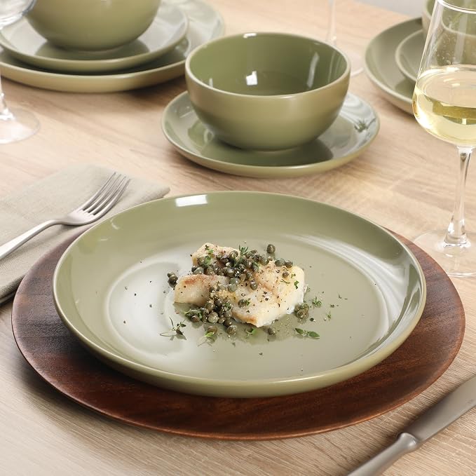 Gibson Home Rockaway 12 Piece Plates and Bowls Matte Outside/Shiny Inside Glaze Service for 4 Dinnerware Set - Green - Dishwasher and Microwave Safe - Image 2