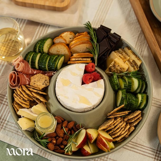 MORA Ceramic Chips and Dip Serving Tray: Large Divided Party Bowl Set for Chips & Salsa, Veggies & Dip, Fruit, Snacks, Entertaining, Hosting, etc. Minimalist Design for the Modern Hostess - Thyme - Image 5