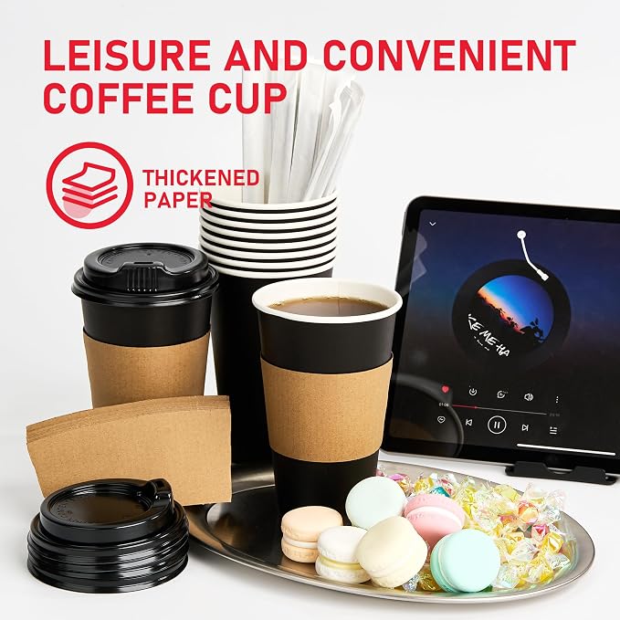 Coffee Cups with Lids 16 oz 100 Pack, Sleeves and Stirring Sticks, Black Disposable Hot Paper Cups with Lids, To Go Cups, for Parties, Picnic, Travel, and Events - Image 3