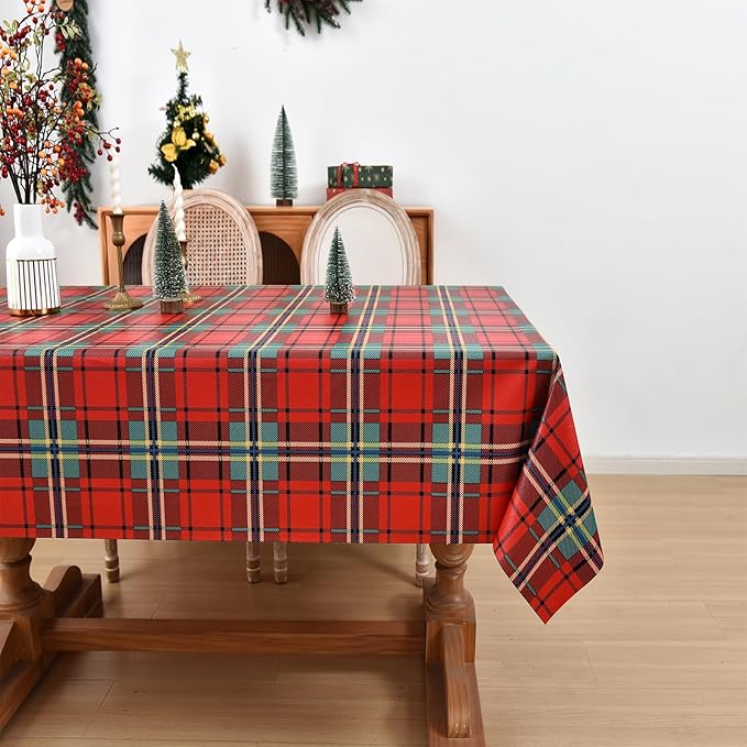 Christmas Tablecloth Heavy Duty Vinyl Red 54x78 inch Square Christmas Table Cloth Reusable Waterproof Foldable Plastic Tablecloths PVC Xmas Table Cover for New Year Party Decor by Yofori