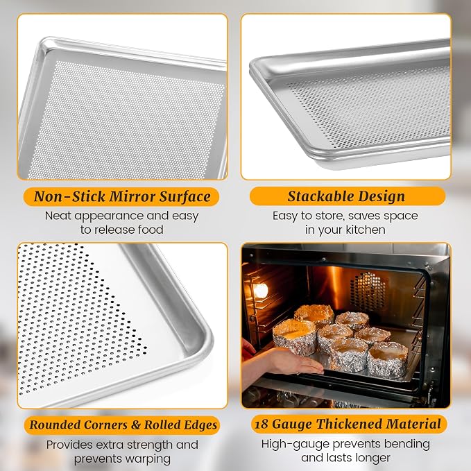 12 Pack Full Size Perforated Aluminum Baking Sheet, 26 x 18 in | NSF, Aluminum Commercial Cookie Sheets, Non-Stick, Oven Safe Up to 500℉ - Image 3