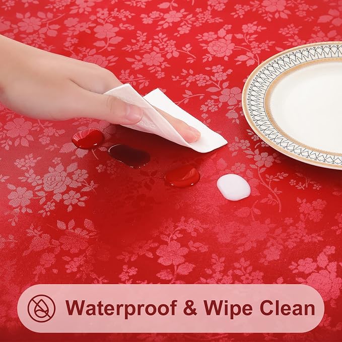 Smiry Rectangle Waterproof Heavy Duty Vinyl Tablecloths, 70 x 120 Inch | Wipeable Washable Floral Embossed Table Cover for Kitchen and Dining Room, Indoor & Outdoor Use, Red - Image 4