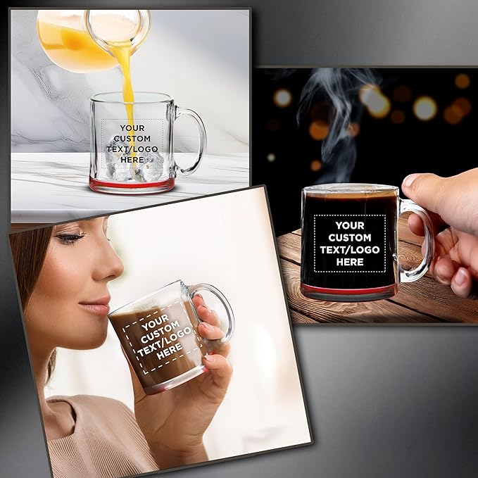Custom Libbey Clear Glass Coffee Mugs 13 oz. Set of 50, Personalized Bulk Pack - Perfect for Coffee, Tea, Espresso, Hot Cocoa, Other Beverages - Red Bottom