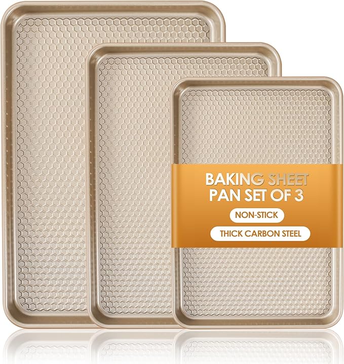 Baking Sheet Pan Set of 3, Nonstick Carbon Steel Cookie Sheets with Texture | Commercial Half/Quarter/Jelly Roll Pans Replacement Toaster Oven Tray, Heavy Duty & Easy Clean by Deedro