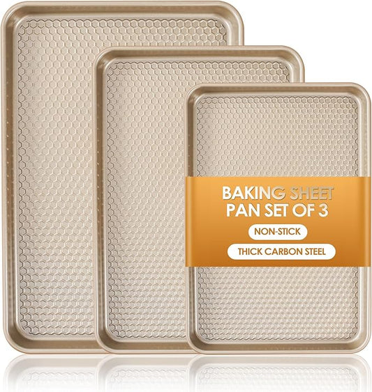 Baking Sheet Pan Set of 3, Nonstick Carbon Steel Cookie Sheets with Texture | Commercial Half/Quarter/Jelly Roll Pans Replacement Toaster Oven Tray, Heavy Duty & Easy Clean by Deedro