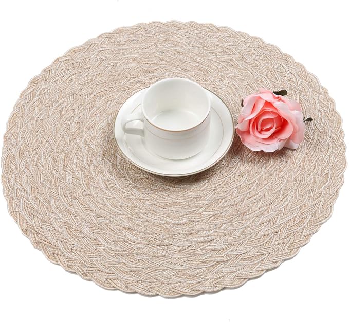 SHACOS Round Braided Placemats 15 inch Set of 4 Boho Woven Washable Kitchen Table Placemats for Home Wedding Party (T-Beige, 4) - Image 8
