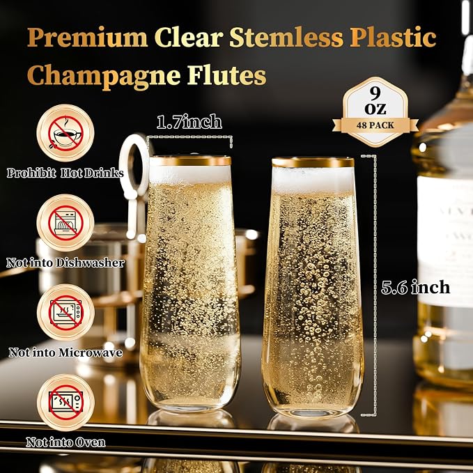 Guanqiao 48 Pack Stemless Plastic Champagne Flutes, 9 oz Clear Disposable Plastic Glasses, Heavy Duty Shatterproof Recyclable Mimosa Glasses for Party Wine Tasting Wedding New Years Eve Party Supplies - Image 2