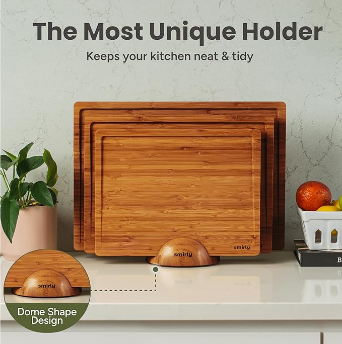 SMIRLY Cutting Board, Carbonized Bamboo Cutting Board Set of 3 with Stand | Non Toxic Wooden Cutting Board with Juice Grooves and Handles, Multiple Sizes Chopping Boards for Meat Vegetable Charcuterie - Image 4