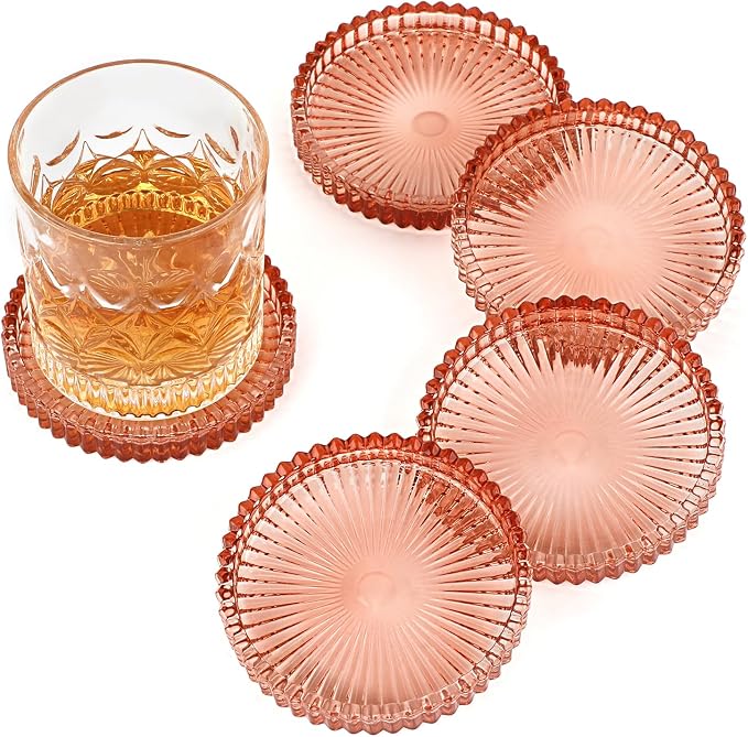 Modern Clear Coaster Set of 5- Glass Coasters for Drinks, Clear Red | Crystal Coasters Round Cup Mat Coffee Table Decor for Office, Kitchen, Bar, Dining Room, Living Room, Patio by Unknown