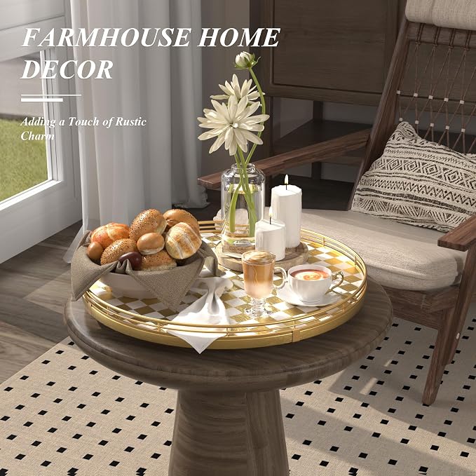 AMH 16-Inch Gold and White Checkerboard Lazy Susan with Rubberwood Base | Smooth rotating oak tray with walnut finish for dining tables, kitchen counters, pantries and cabinet storage. - Image 3