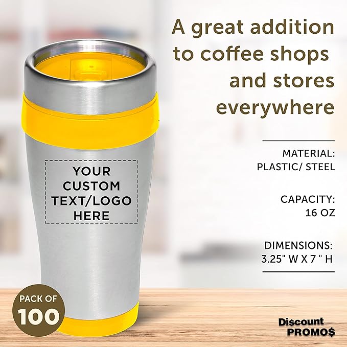 Custom Insulated Stainless Steel Travel Mugs 16 oz. Set of 100, Personalized Bulk Pack - Perfect for Coffee, Soda, Other Hot & Cold Beverages - Yellow