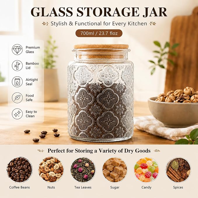 Glass Storage Jars With Airtight Lid, 23.7oz Canister For Kitchen Counter with Bamboo Lid, brown sugar, candy, coffee, cookie, salt, tea,pantry cute Jar (Begonia Flowers*1) - Image 5