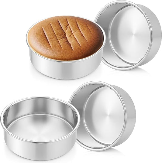 Leonyo Stainless Steel Small Round 6 Inch Cake Pans For Baking, 4 Pack | Smash 6x2Inch Round Cake Baking Pan Tins Set, Metal Circle Layer Tin for Birthday Wedding Party, Dishwasher Oven Safe by Leonyo