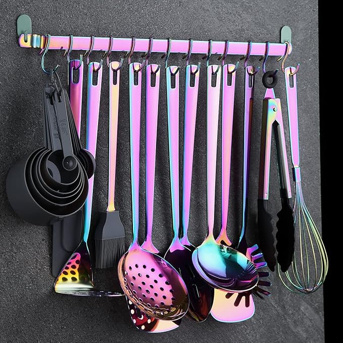 Rainbow Cooking Utensils Set, Kyraton Stainless Steel 37 Pieces Kitchen Utensils Set with Titanium Colorful Plating, Kitchen Tool Gadgets Set with Utensil Rack Heat Resistant Dishwasher Safe - Image 3