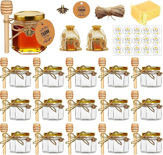 Adabocute Honey Pot 2oz, Mini Glass Honey Jars with Wood Dipper, Gold Lid, Bee Pendants, Beige Gift Bags, Thank-you Tags, Ideal for Baby Showers Favors Wedding Favors, 15 Pack by Adabocute