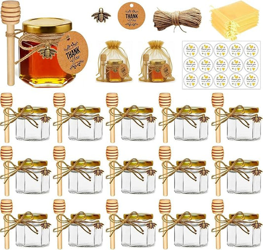 Adabocute Honey Pot 2oz, Mini Glass Honey Jars with Wood Dipper, Gold Lid, Bee Pendants, Beige Gift Bags, Thank-you Tags, Ideal for Baby Showers Favors Wedding Favors, 15 Pack by Adabocute
