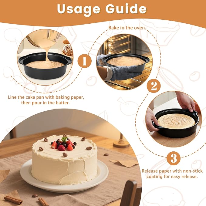 BEWOS 6 Inch Cake Pan Set - 3 Pcs Carbon Steel Round Cake Pans with 100 Pcs Parchment Paper, Round Cake Pans, Nonstick Baking Pans Set with Handle, Dishwasher Safe - Image 4