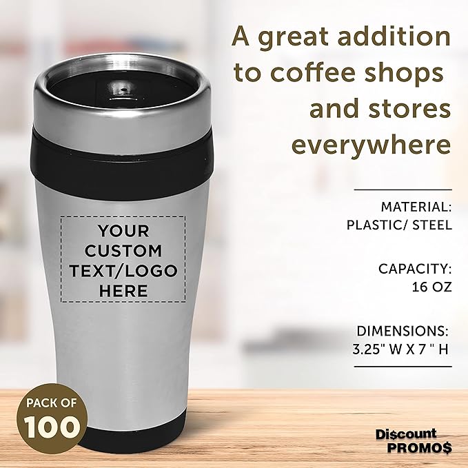 Custom Insulated Stainless Steel Travel Mugs 16 oz. Set of 100, Personalized Bulk Pack - Perfect for Coffee, Soda, Other Hot & Cold Beverages - Black