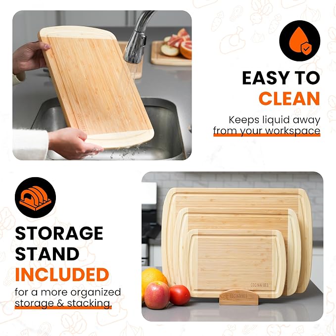 Bamboo Cutting Board Set – Charcuterie & Chopping Boards for Kitchen, Large & Small Sizes, Safe Cutting Boards for Meat, Cheese, Pizza – Home & Kitchen Gift Idea - Image 7