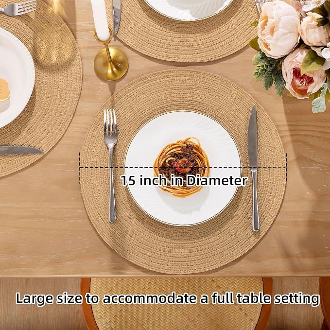 SHACOS 15 inch Round Braided Placemats Set of 6 Cotton Polyester Heat Resistant Round Table Mats Washable Place Mats for Dinner Party Table Decoration (Camel, 6) - Image 4