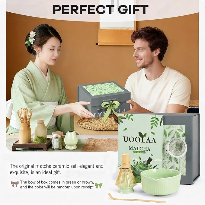 Ceremony Matcha Kit with Bamboo Scoop, Whisk, Holder, Sifter, Chawan Ceramic Bowl with Spout, 5 Pcs Green Matcha Whisk Set-High End Matcha Gift Set Made in Japan for Matcha Lovers and Starters