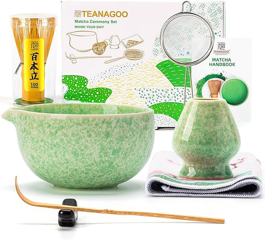 TEANAGOO Matcha Whisk Set,7 Pcs Matcha Set Green,Ceremony Matcha Kit,Matcha Tea Set for Making Latte,Ceramic Bowl(chawan) whith Spout and Whisk,Gift for Matcha Lovers