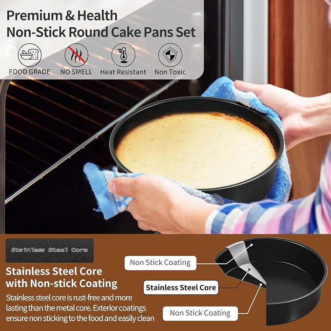 P&P CHEF 7 Inch Cake Pan Set, Non-stick Baking Pans for Cake, 2Pcs | Round Cake Baking Tins for Tier Smash Cakes, Bread, Non-Toxic & Solid, Stainless Steel Core & Leak-Proof, Black - Image 4