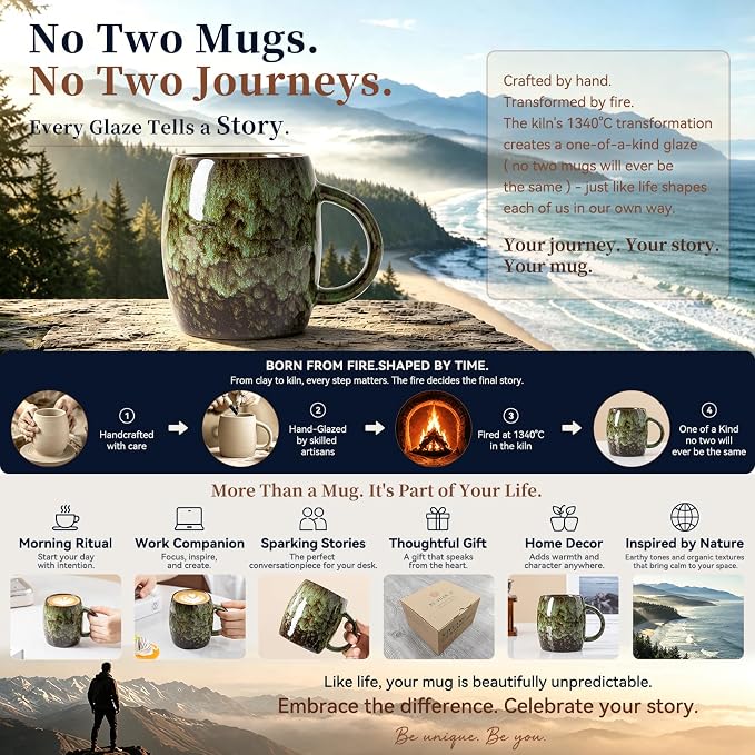 Unique Reactive Glaze Ceramic Coffee Mug - 14 oz Large Coffee Cup with Ergonomic Handle, Forest Green Ceramic Mug for Office & Home, Great Birthday Gift for Women, Men & Friends, Microwave Safe - Image 5