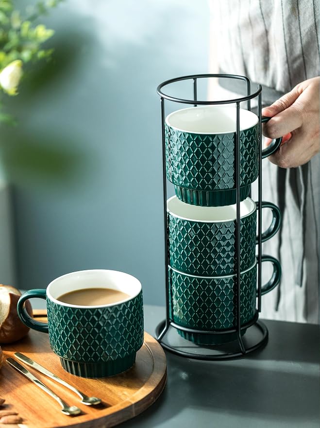 LYEOBOH Coffee Mug Set Porcelain Stackable Coffee Mugs with Stand and Spoons, 13 OZ. Cappuccino Cup Demitasse Cups for Drinks, Espresso, Latte,Set of 4, Dark Green - Image 3