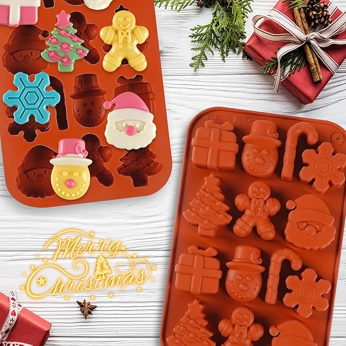 4Pcs Christmas Chocolate Molds, 14-Cavity Silicone Candy Baking Molds Snowflake Cane Snowman Santa Claus Christmas Trees Gingerbread Man Gift Box Shape Mold for Candies, Ice Cubes, Wax Melts