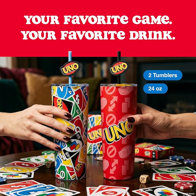 Dragon Glassware x UNO Stainless Steel Tumbler with Straws, 24 oz 2-Pack | Vacuum Insulated Stainless Steel Tumbler with Straws & Lids; Double Walled Tumbler with Straw Topper; Official UNO Merch - Image 2