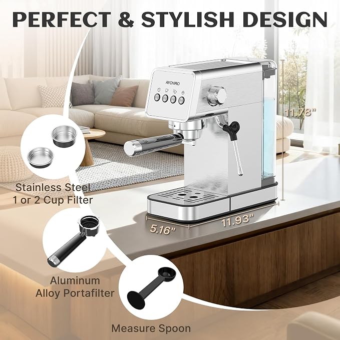 AYCHIRO 20 Bar Espresso Machine, Semi-Automatic Espresso Maker with Milk Frother Wand, Compact Stainless Steel Coffee Machine for Latte & Cappuccino, 37.2 oz Removable Water Tank - Image 6