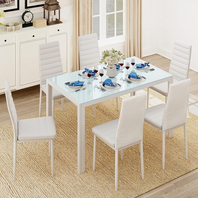 Gizoon White 7 Piece Glass Dining Table Set, Kitchen Table and Chairs Set | PU Leather Modern Dining Room Furniture,Dining Table Sets,Space Saving Table and Chairs Set for Home, Kitchen, Living Room by Gizoon