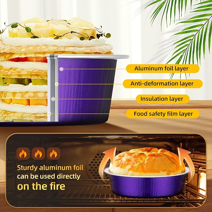 Beasea Mini Tart Pans with Lids, 120 Pack 7.3oz 4 Inch Disposable Cake Pans Aluminum Foil Pie Tart Baking Cups Tins Individual Dessert Containers Oven Dishes for Cheesecake - Violet Purple - Image 3