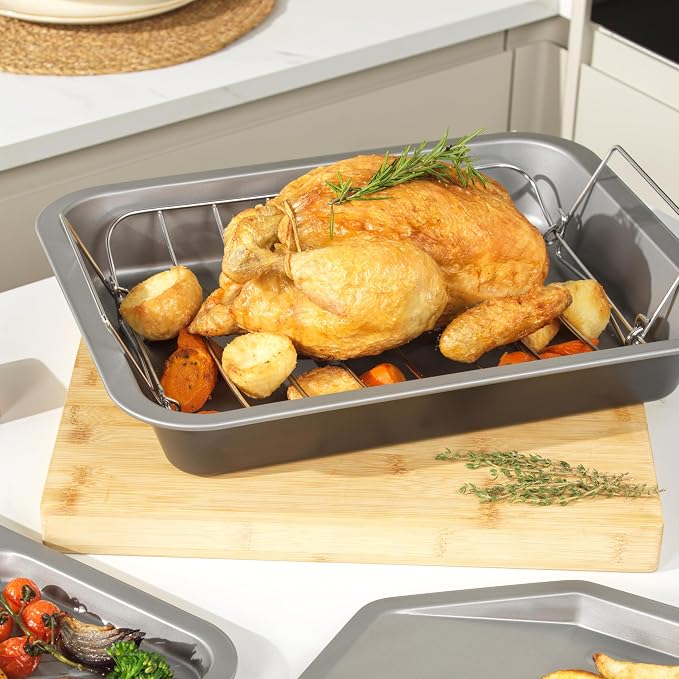 Salter Essentials Roasting Tray 41 Cm, Rectangular Carbon Steel | Non-Stick PFOA-Free Coating, Dishwasher Safe, High Sides For Roasting Joints And Vegetables, Made In The UK, Silver Interior - Image 5
