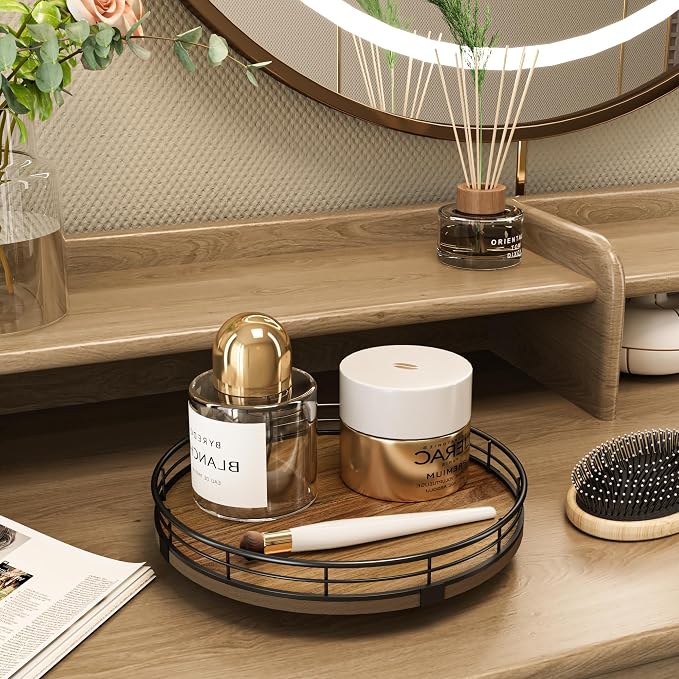 Acacia Wood 9" Bathroom Vanity Tray Turntable, Farmhouse Round Bathroom Countertop Organizer for Soap Perfume, Rotating Organizer for Kitchen Table Centerpieces, Decorative Trays for Coffee Table - Image 3