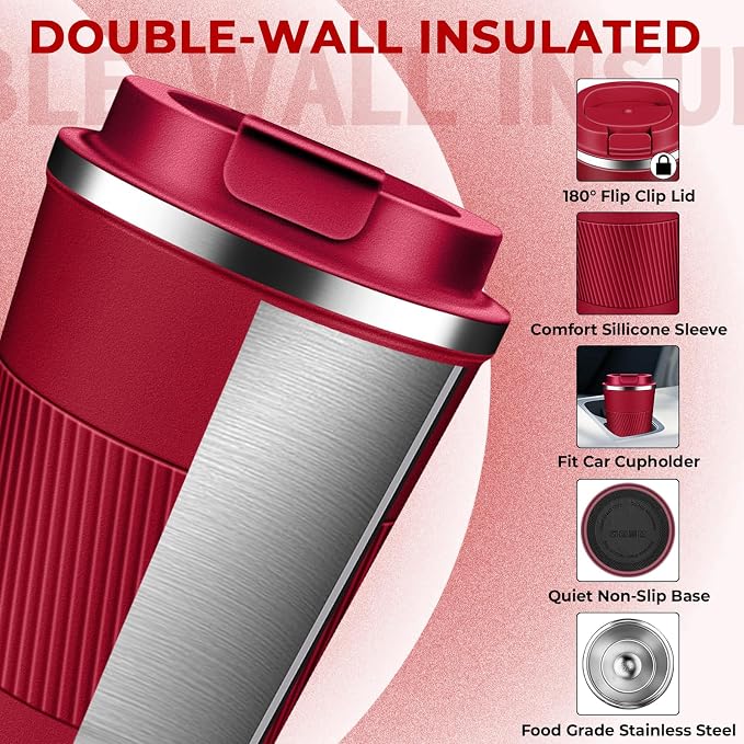 Insulated Coffee Tumbler 12 oz, Stainless Steel Coffee Mug with Lids, Travel Coffee Mug Leak Proof, Double Wall Vacuum Insulated Reusable Coffee Cup, Keep Drinks Hot and Cold (Red, 12 Ounces) - Image 4
