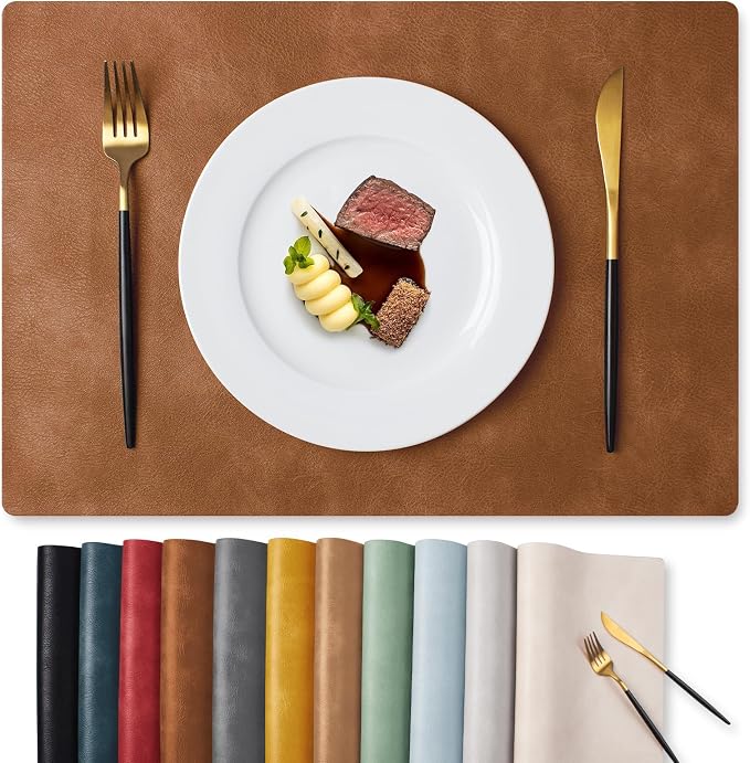 MOSAYT Vinyl Placemats Set of 12-12 X 17 Inch - Faux Leather 100% Waterproof Oil-Proof Wipeable PU Place Mats, Heat Resistant Reversible Table Mats for Kitchen, Dining, Outdoor, Reddish Brown by MOSAYT