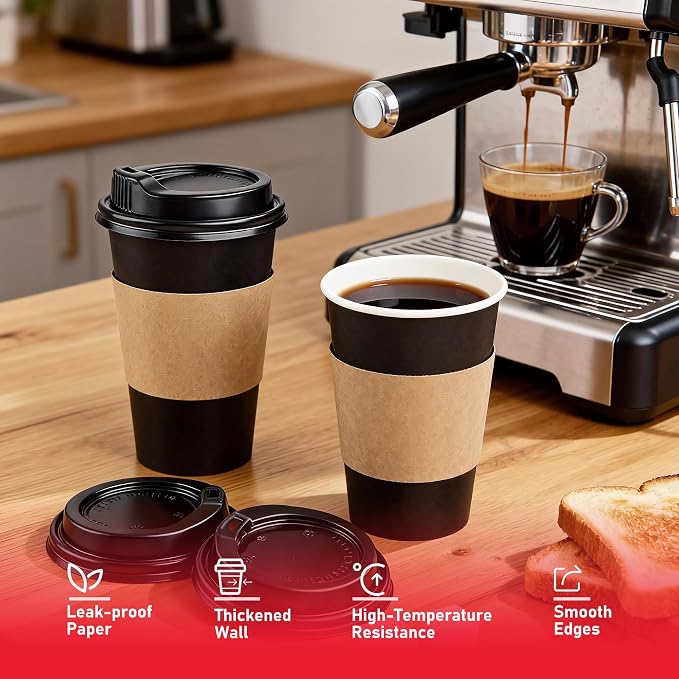 Coffee Cups with Lids 16 oz 100 Pack, Sleeves and Stirring Sticks, Black Disposable Hot Paper Cups with Lids, To Go Cups, for Parties, Picnic, Travel, and Events - Image 2