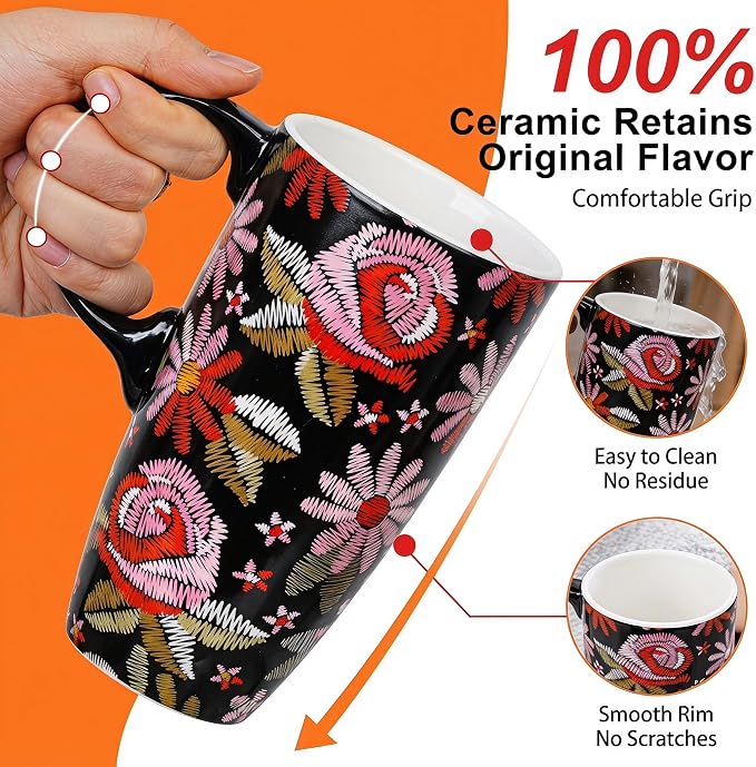 Topadorn Ceramic Travel Mug with Lid, 17oz Embroidered Floral Mug | 17oz Ceramic Travel Mug • Embroidered Floral Design • Coffee Mug with Lid • Microwave & Dishwasher Safe • Gift Box - Image 8