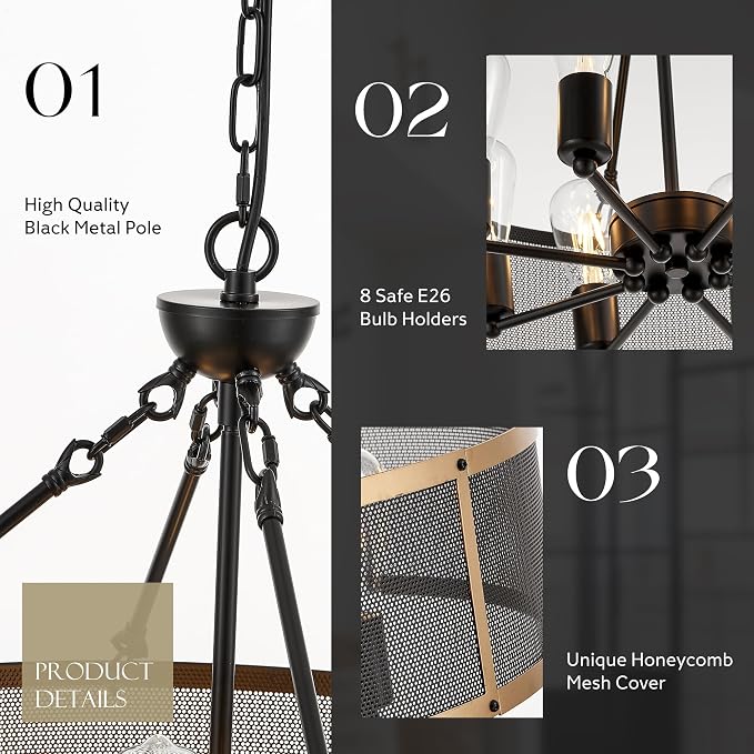 Modern 23" Large Black Gold Mesh Drum Chandelier for Dining Room Industrial Retro Semi Flush Mount 4-Light Round Ceiling Light Fixtures for Kitchen Bedroom Living Room Hallway Entryway Foyer - Image 8